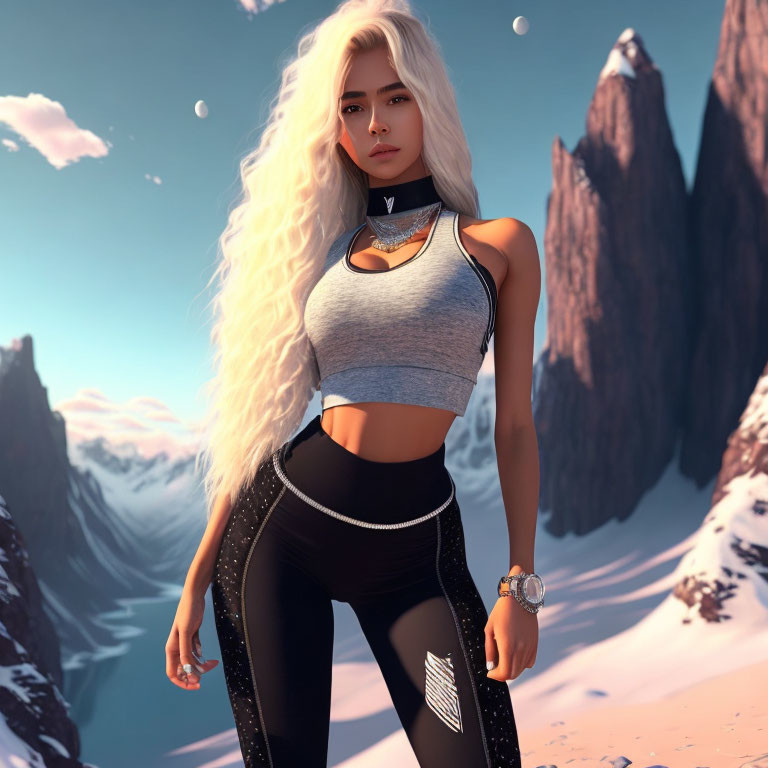 Stylized 3D rendering of woman with white hair in snowy mountain landscape