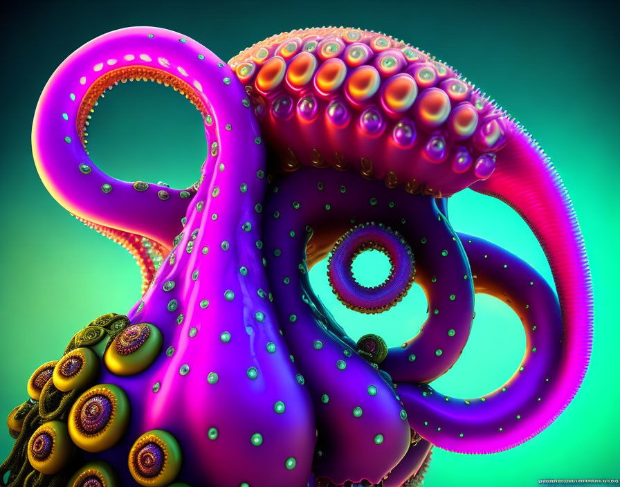 Vibrant stylized octopus with colorful tentacles on green gradient.