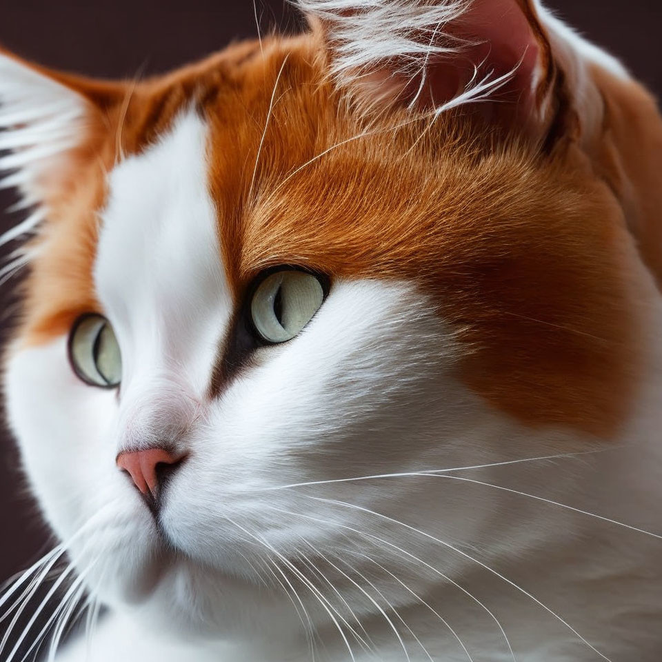 White and Ginger Cat with Green Eyes and Whiskers on Dark Background