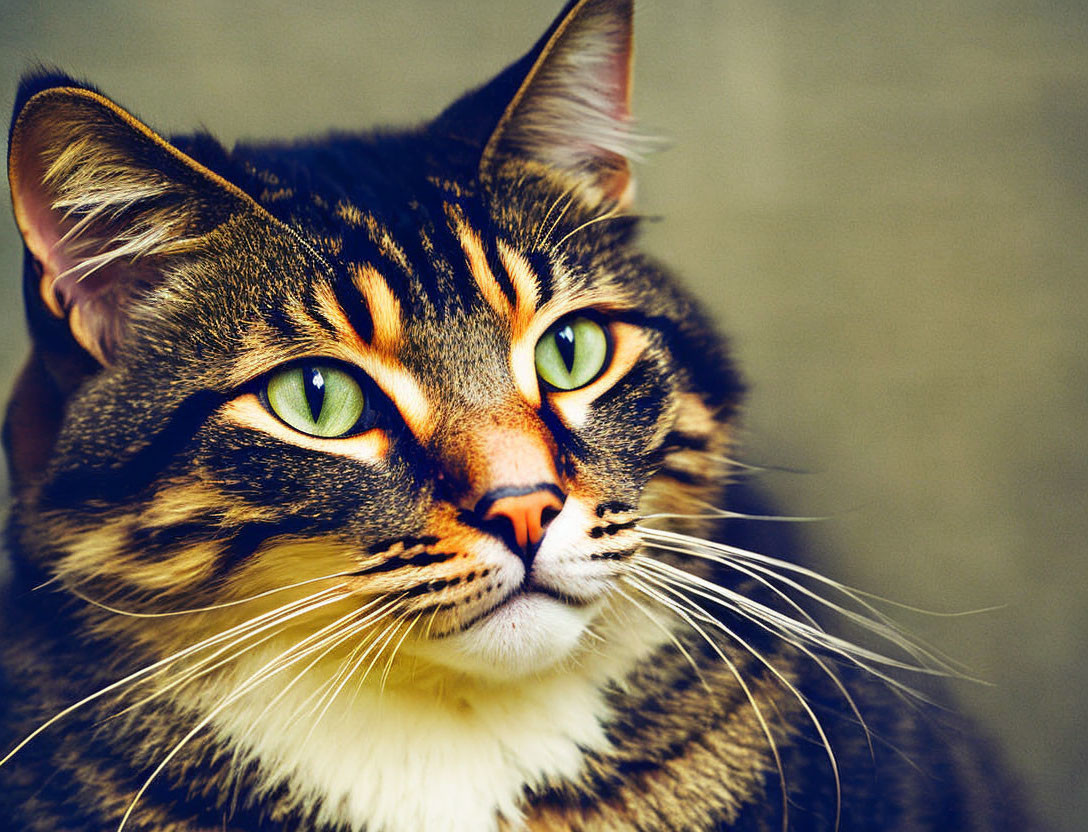 Tabby Cat with Striking Green Eyes and Prominent Whiskers