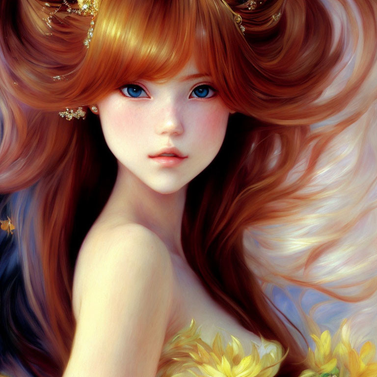 Digital illustration: Young woman with auburn hair, gold star accessories, and yellow flowers.