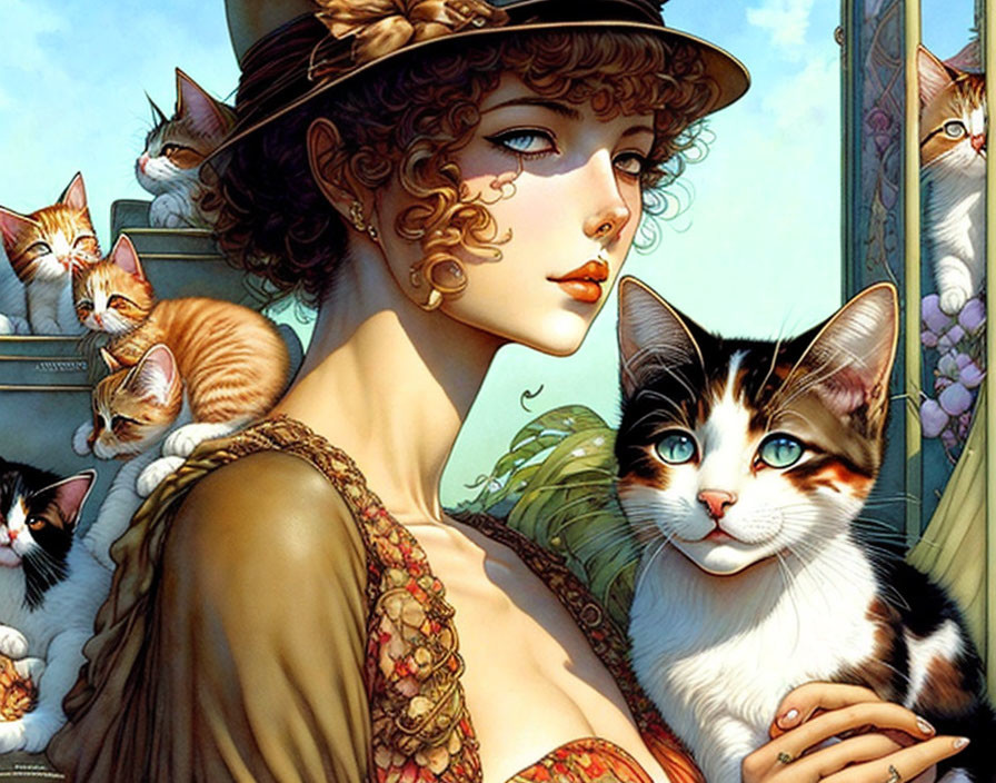 Woman in vintage hat with multiple cats in colorful, serene setting