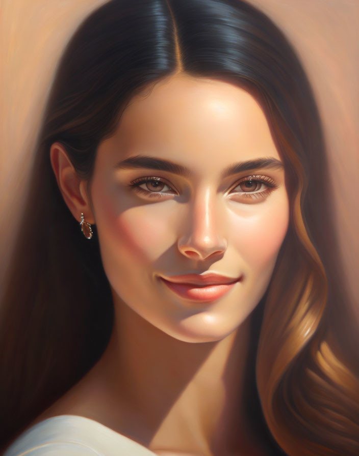 Smiling woman with long brown hair in soft-focus digital portrait