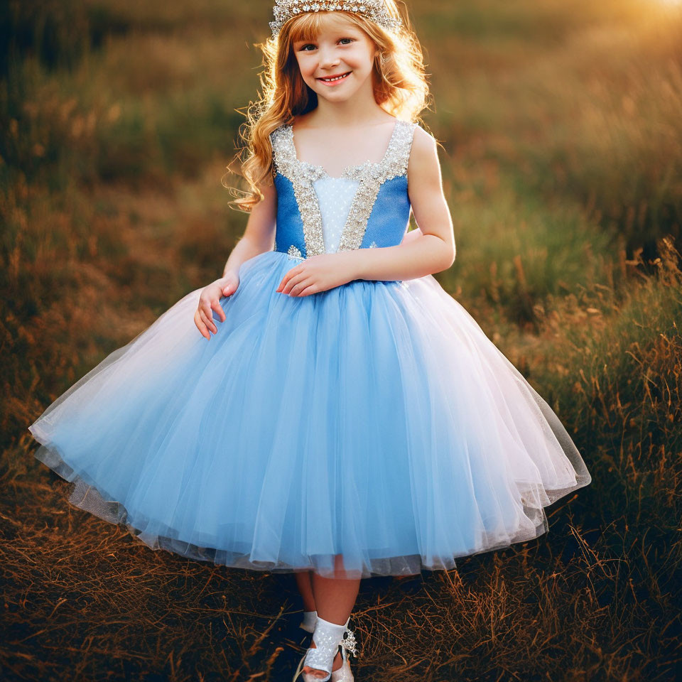 Young girl in blue princess dress smiling in sunlit field