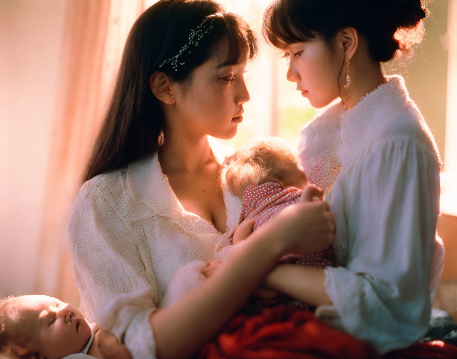 Two women and babies sharing a tender moment in a softly lit room