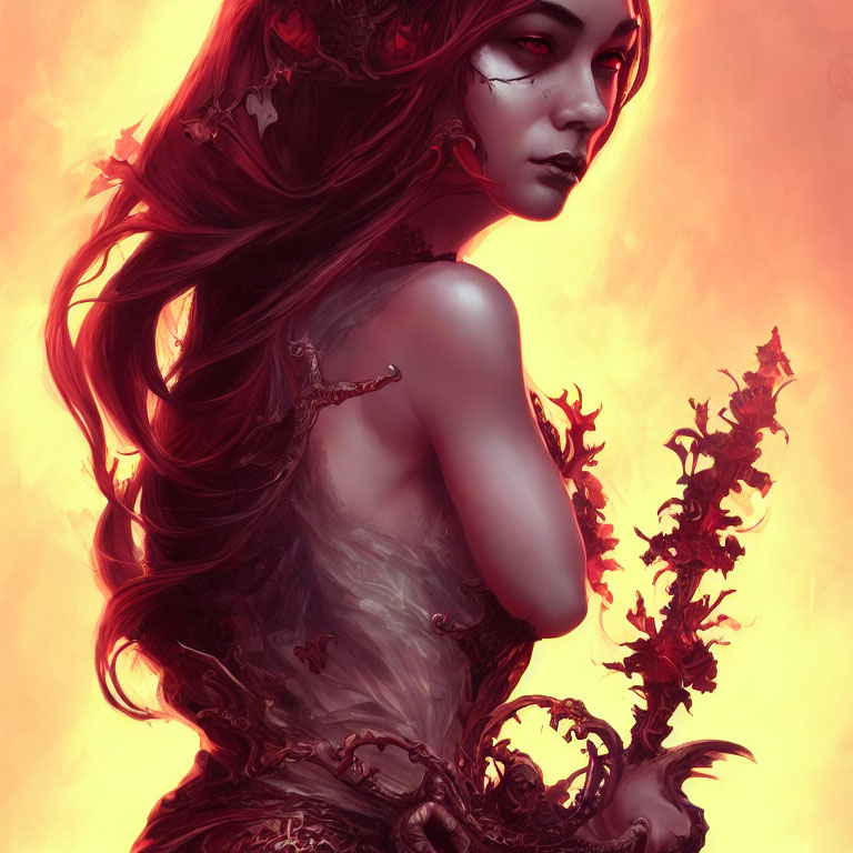 Digital Artwork: Woman with Red Hair, Armor, and Intricate Designs on Fiery Red Background