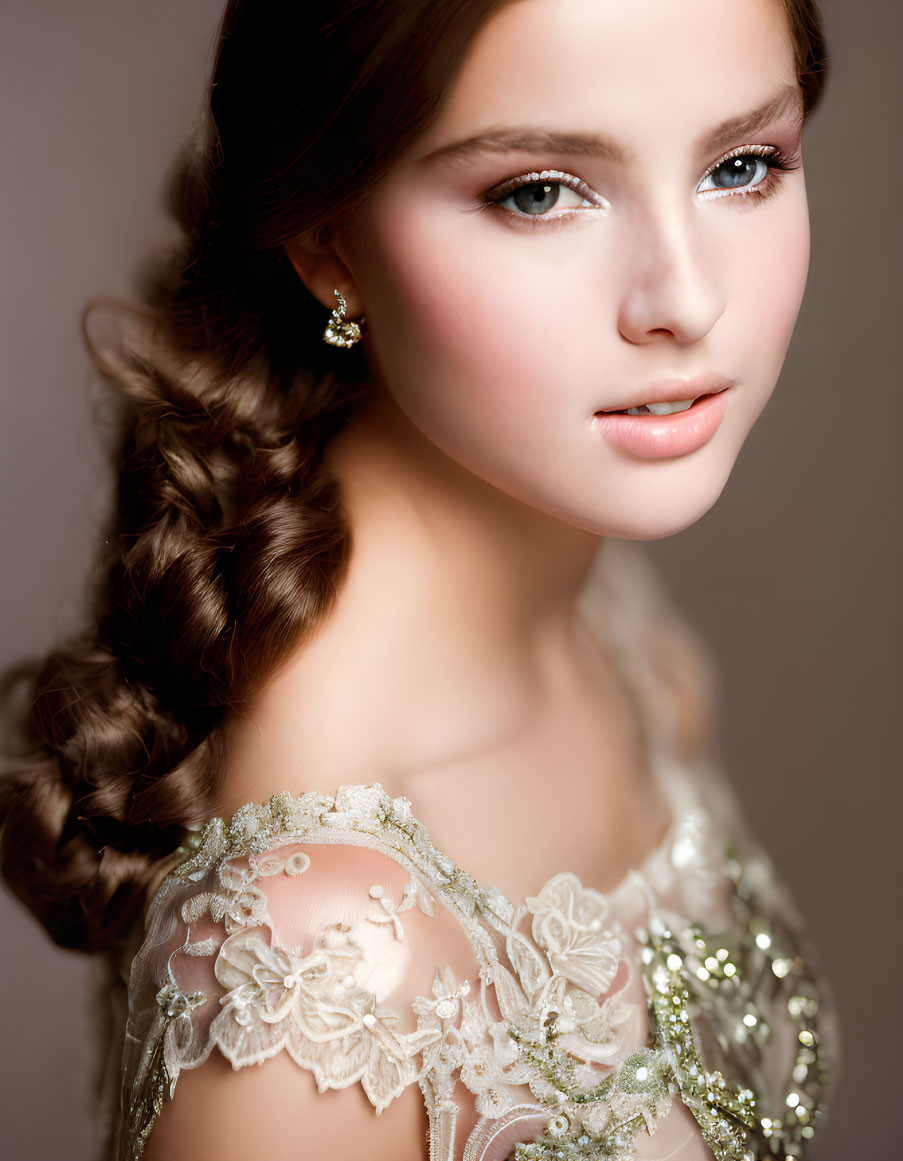 Braided hair, sparkling earrings, and embroidered dress on elegant person.