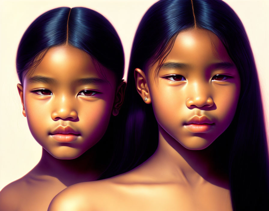 Portrait of two young girls with black hair and golden skin, serene expressions side by side