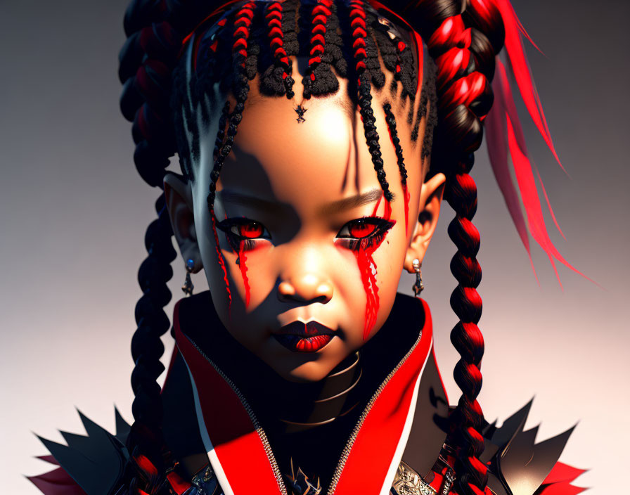 Digital artwork featuring girl with red and black braids, punk attire, and teardrop makeup.