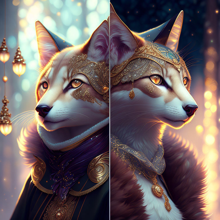 Majestic anthropomorphic fox in ornate attire against twilight sky