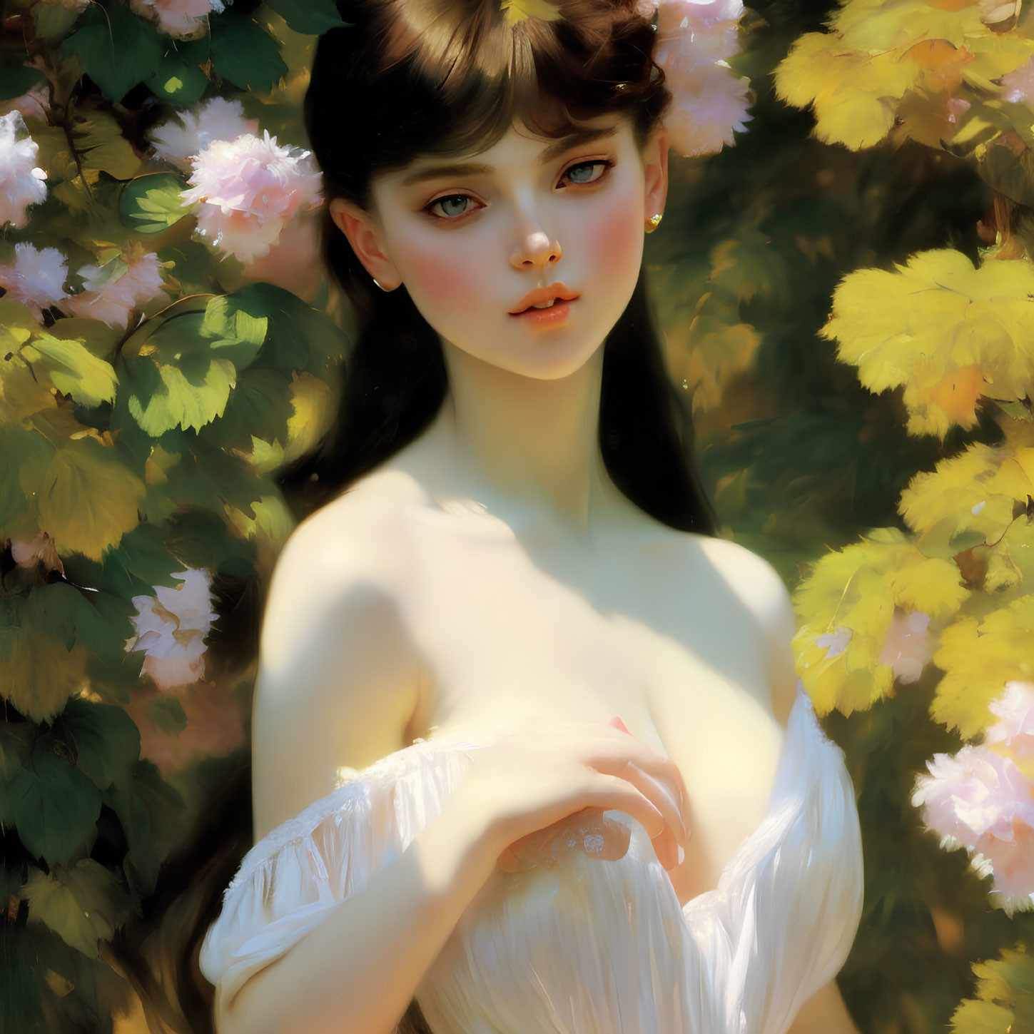 Digital Artwork: Young Woman Among Blooming Flowers