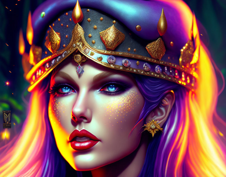 Digital Art: Woman with Blue Eyes, Purple Hair, & Golden Crown