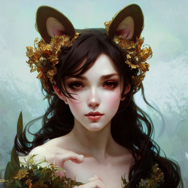 Woman with Cat Ears and Golden Flowers in Floral Setting