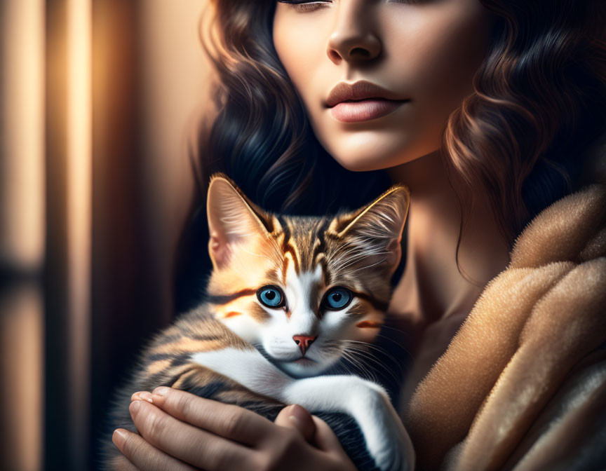 Curly-haired woman holding calico cat near window with warm light