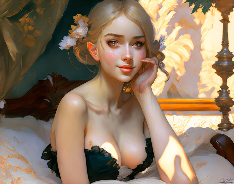 Digital artwork: Woman with light hair and flowers, chin resting on hand, sunlight background