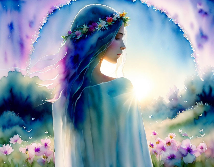 Illustration of woman with floral crown in colorful hair under glowing light in flower field