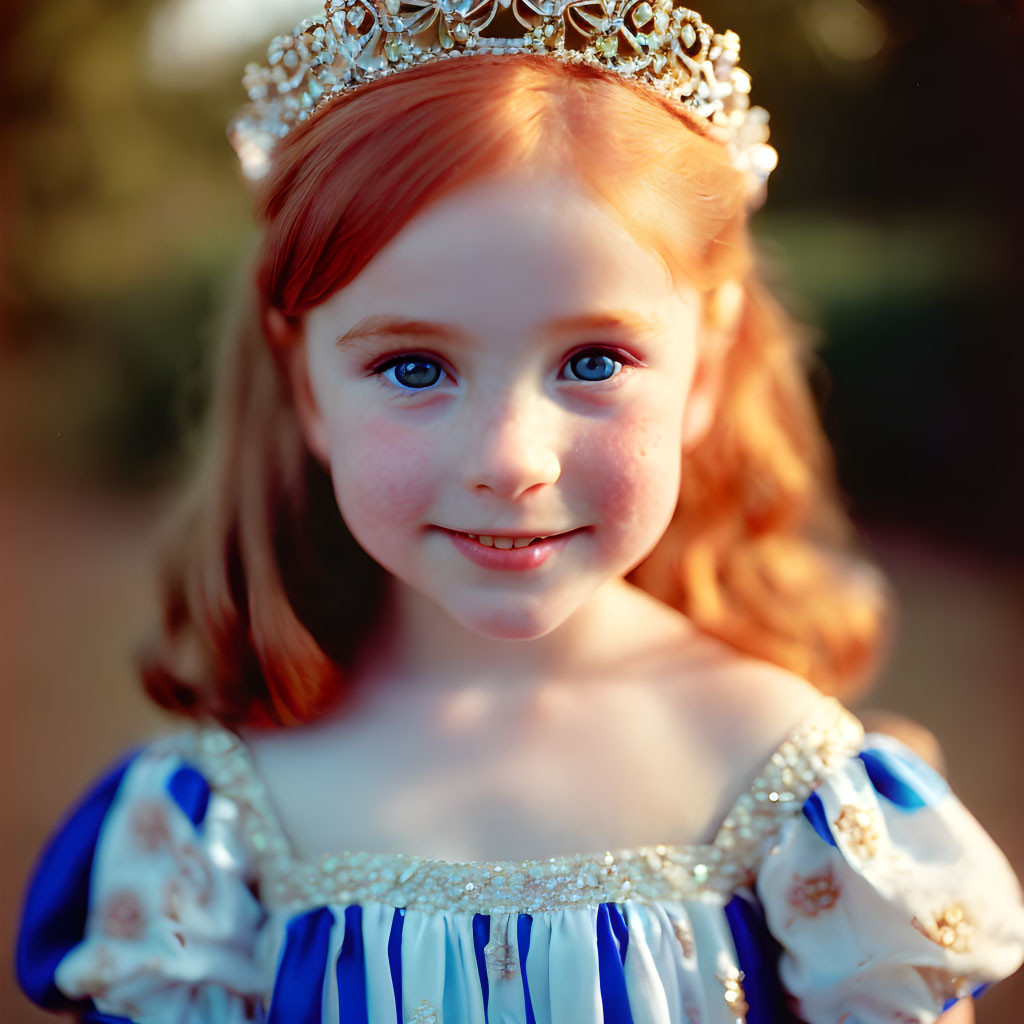 Young Girl in Blue Princess Costume with Tiara, Red Hair, and Blue Eyes Smiling Outdoors