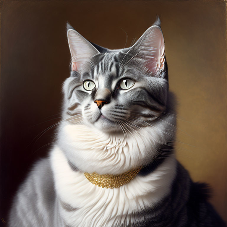 Silver Tabby Cat with Black Stripes and Golden Choker on Warm Background