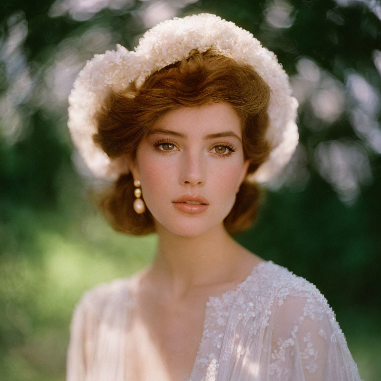 Woman in white fluffy hat and elegant dress with pearl earrings gazes softly.