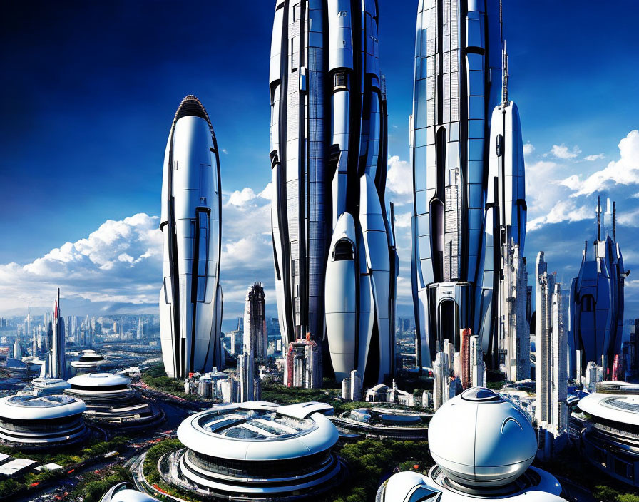 Futuristic cityscape with high-rise buildings and advanced architecture