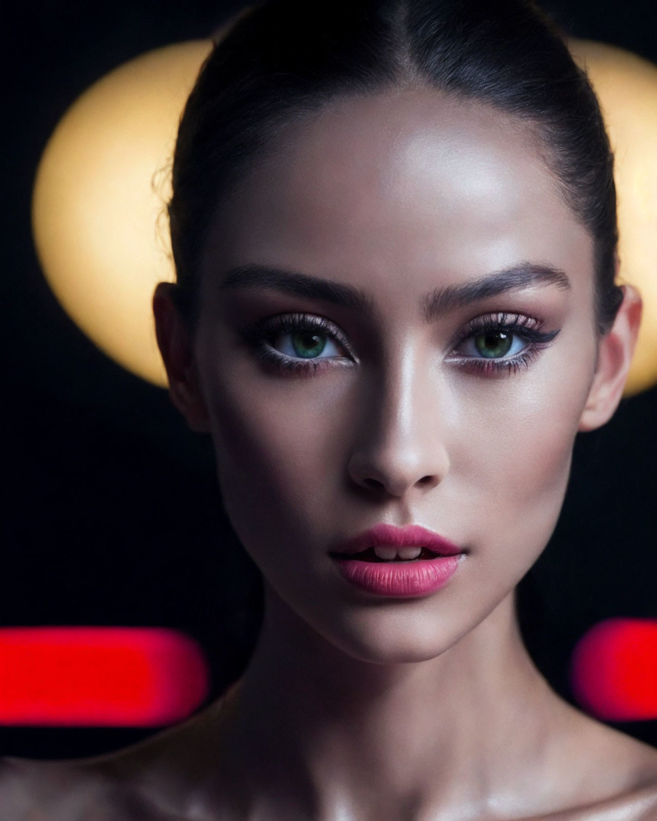 Portrait of Woman with Striking Green Eyes on Dark Background