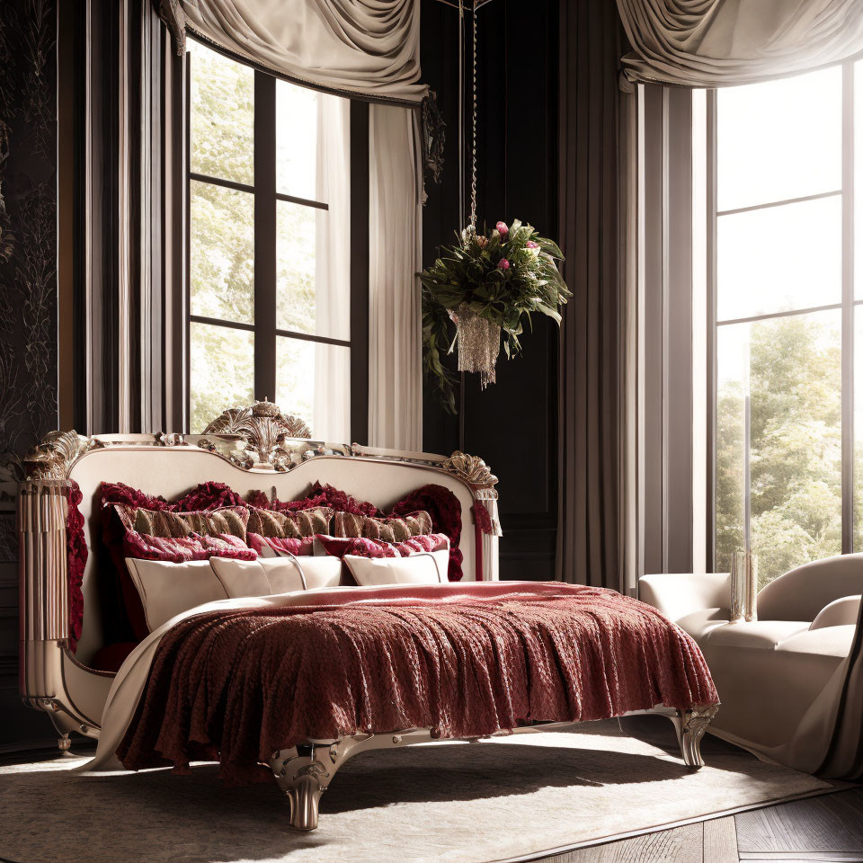 Luxurious Carved Bed in Elegant Bedroom with Plush Red Bedding