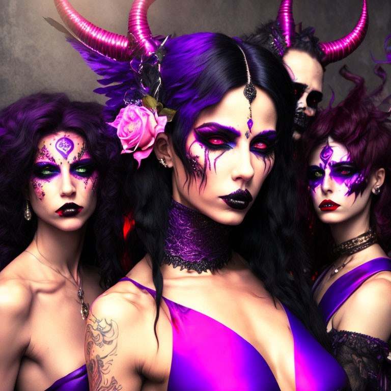 Four individuals with dramatic purple-themed makeup and horns in mystical fantasy theme.