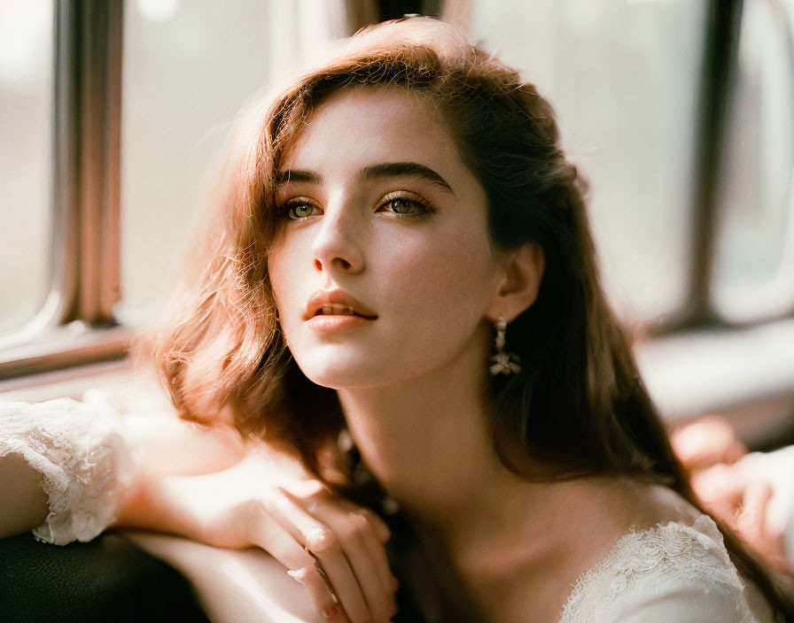 Fair complexion young woman with dark hair gazes thoughtfully by window.