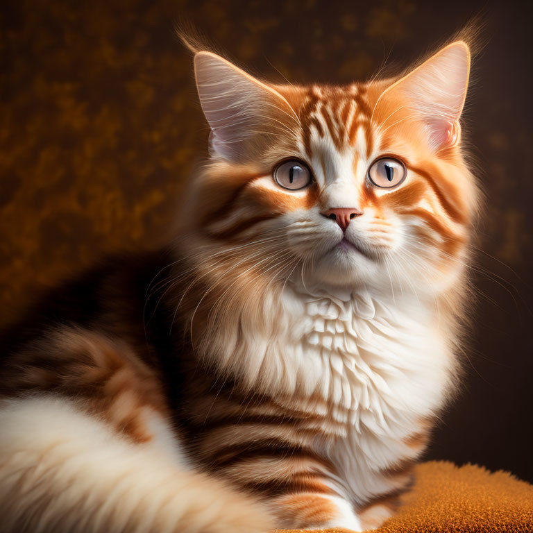 Fluffy orange and white cat with blue eyes on brown background