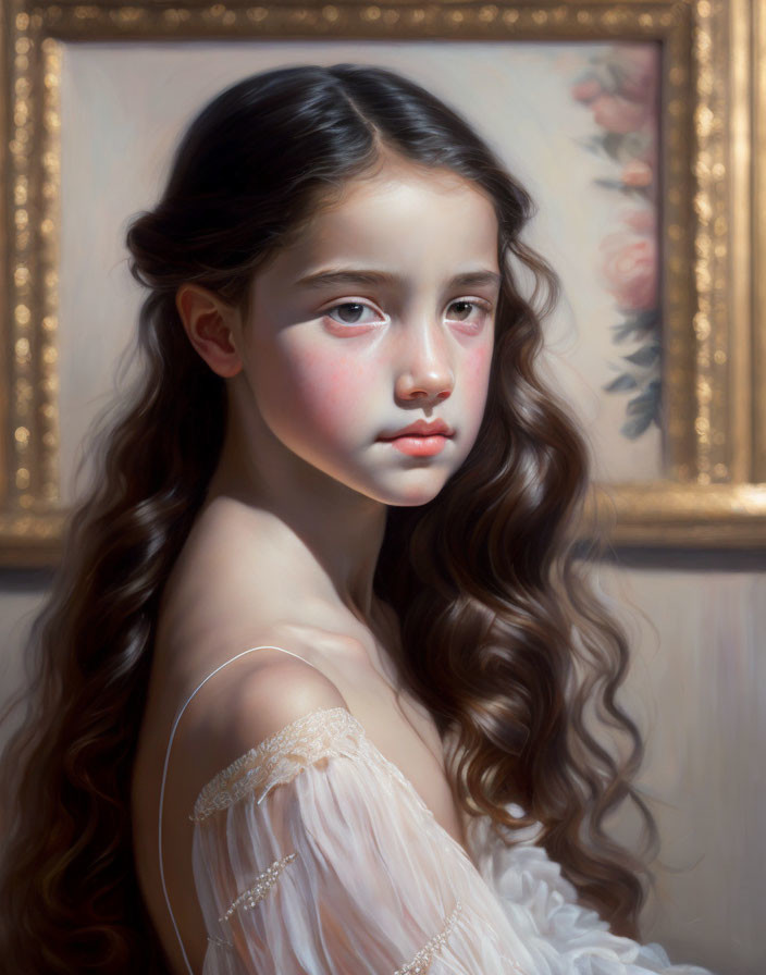 Realistic painting of young girl with long brown hair and piercing eyes