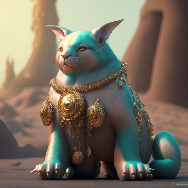 Blue animated cat adorned with golden jewelry in desert setting