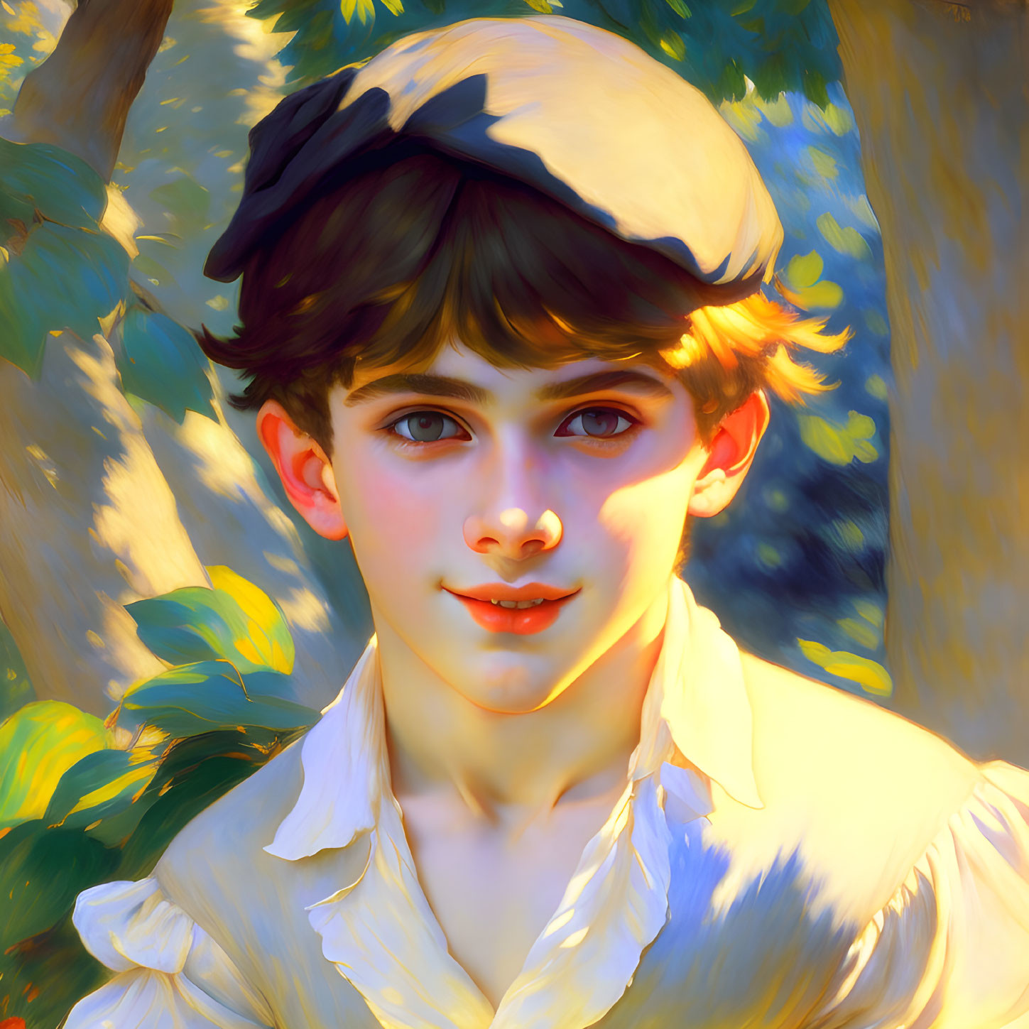 Portrait of a young individual with beret and blue eyes in warm sunlight.