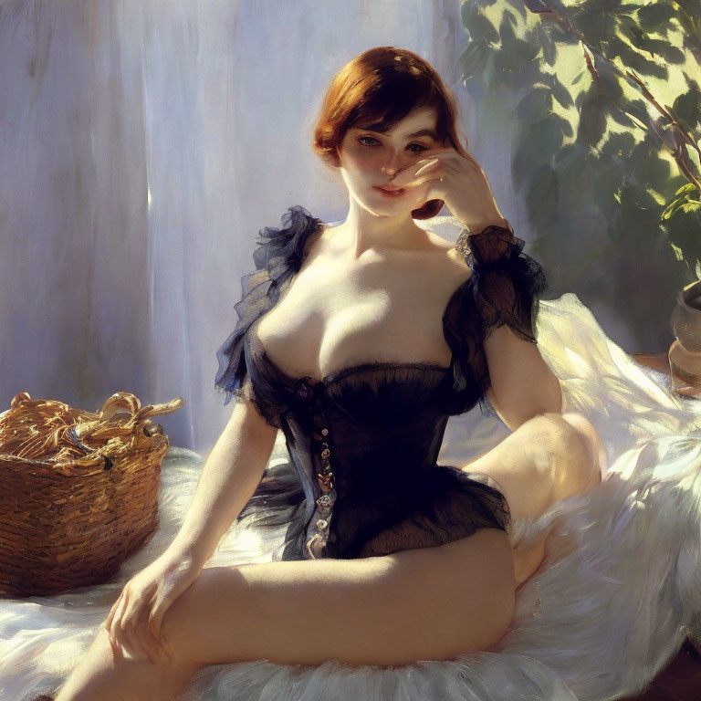 Portrait of Woman in Black Corset and Blue Ruffled Sleeves Sitting Near Basket and Foliage