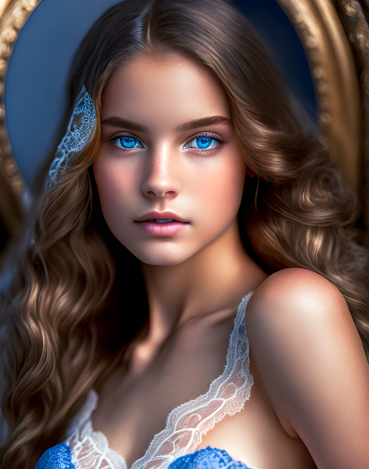 Young girl with blue eyes and curly hair in white lace dress on blue backdrop