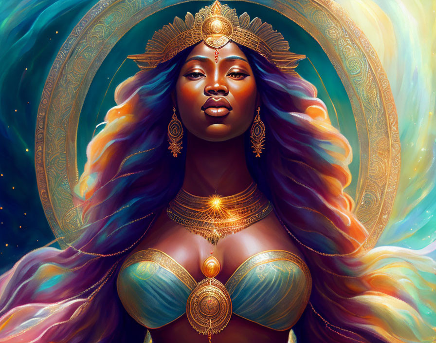 Mystical woman with radiant skin and golden jewelry in cosmic setting