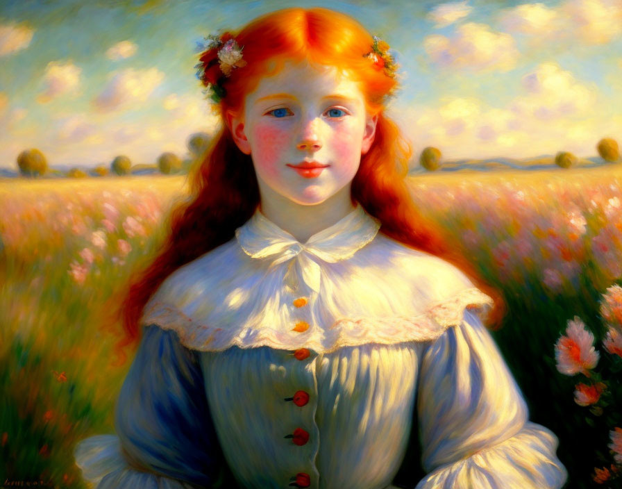 Young girl with red hair in floral wreath on vibrant field