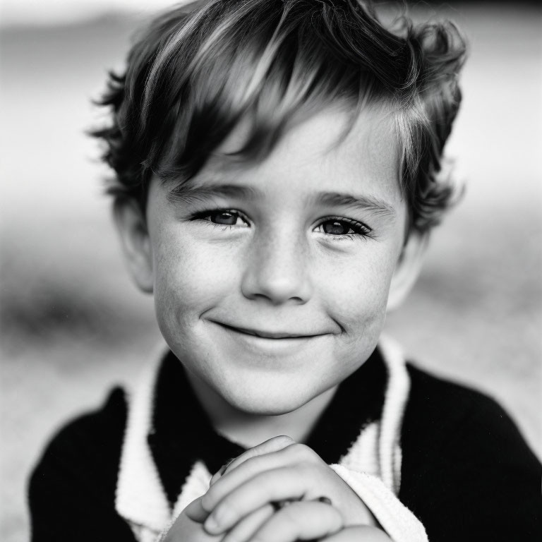 Monochrome portrait of a smiling young boy with tousled hair in a collared shirt