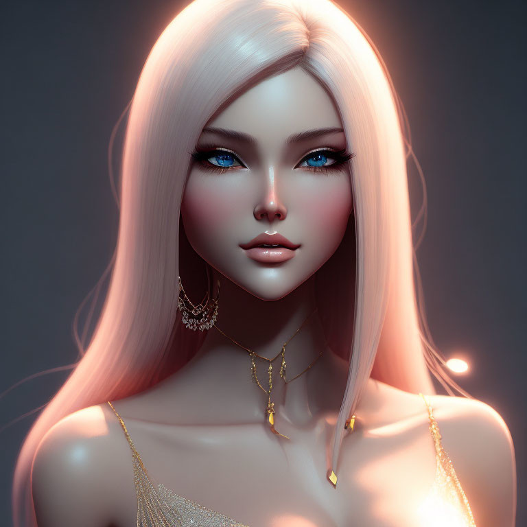 Illustration of woman with pale pink hair and blue eyes in gold jewelry against muted background