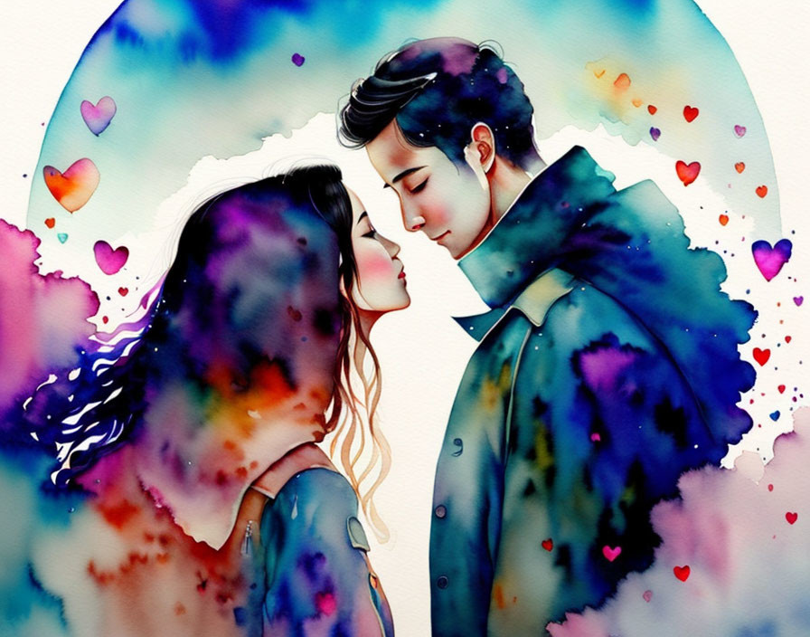 Romantic couple watercolor illustration with floating hearts