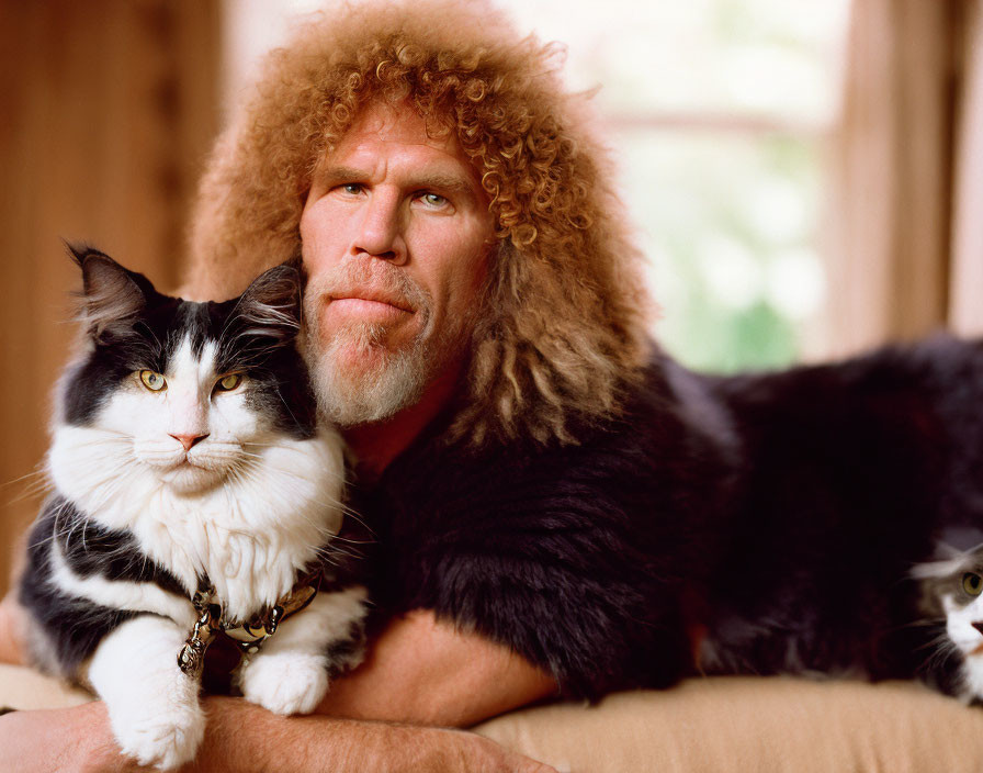 Bearded man with fur hat and fluffy cat in playful pose