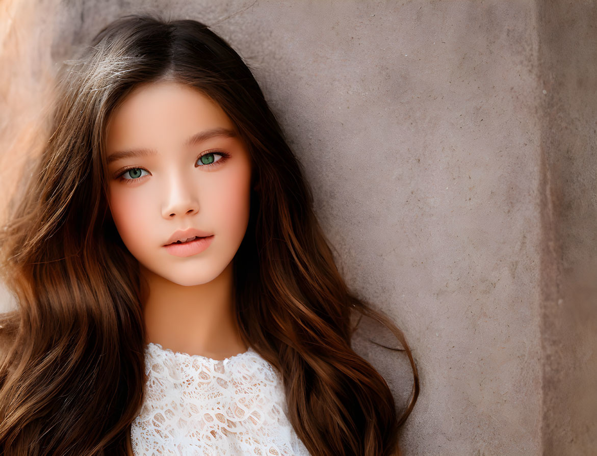 Young girl with long wavy hair and green eyes in white lace top on beige background