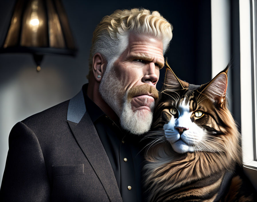 Man with Modern Pompadour Hairstyle Holding Maine Coon Cat by Window