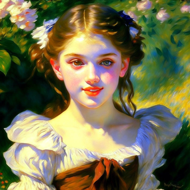 Portrait of Young Girl with Rosy Cheeks and Blue Ribbons in Hair on Floral Background