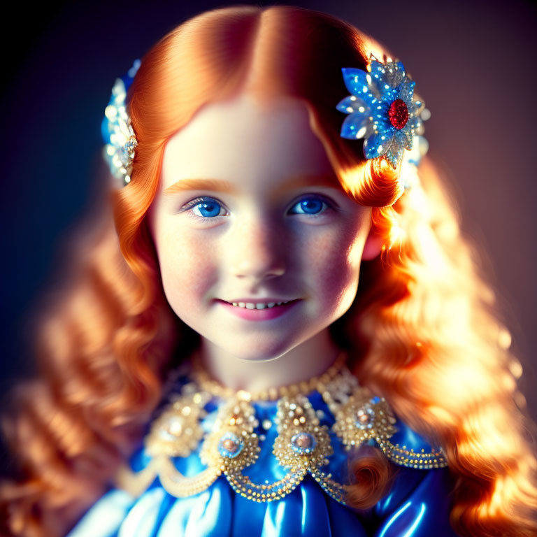 Curly Red-Haired Girl in Blue Dress with Floral Adornments