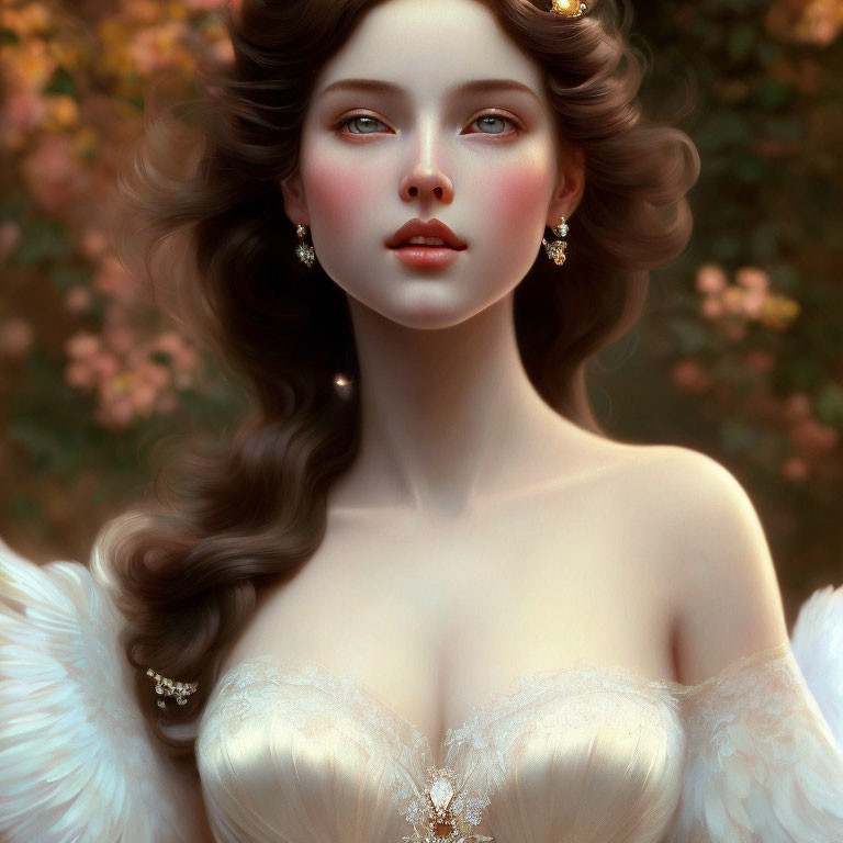 Digital painting of woman with angelic features and feathered wings