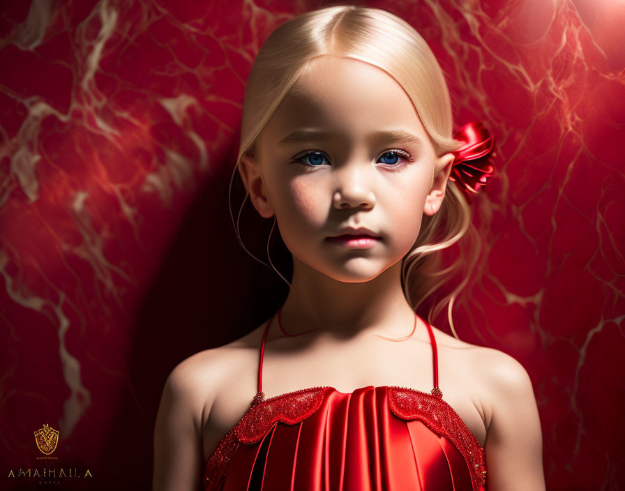 Blonde girl in red dress on warm red background