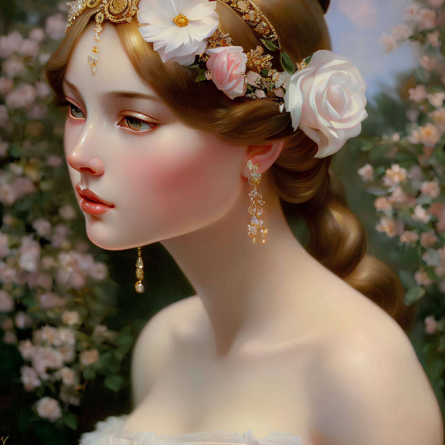 Detailed illustration of woman with floral headpiece and elegant earrings against blossoming backdrop