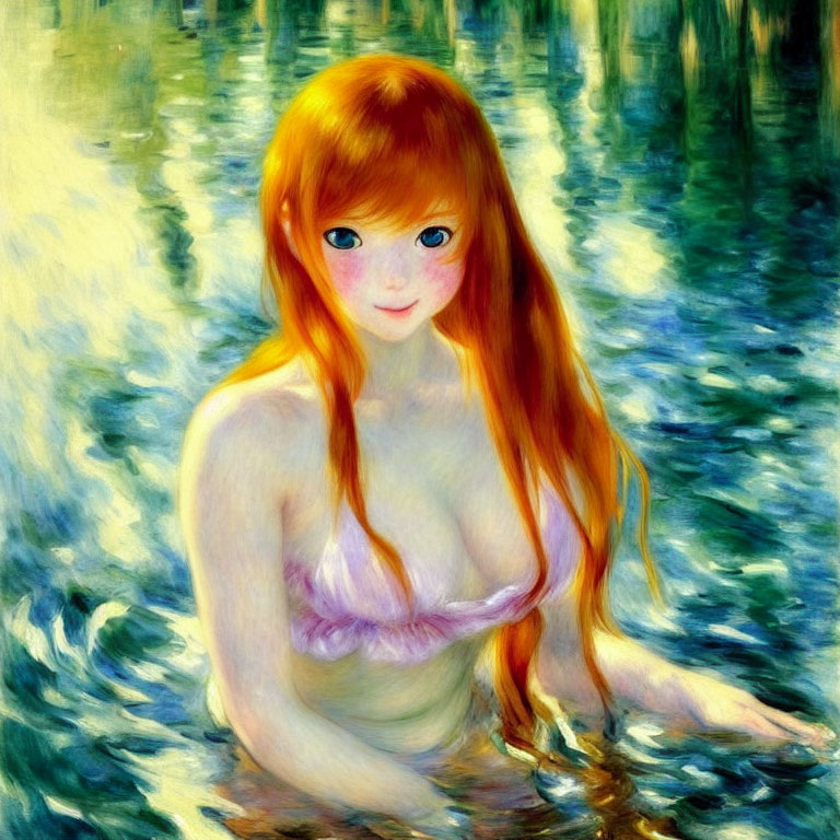 Redhead Woman in Purple Dress Emerging from Water Painting