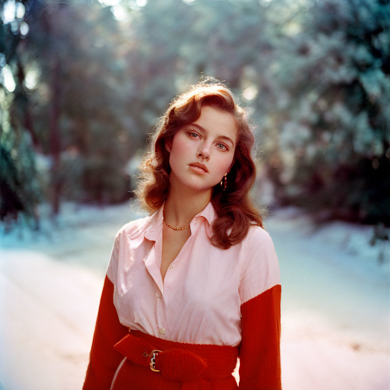 Woman with wavy hair in pink blouse and red sweater in snowy forest