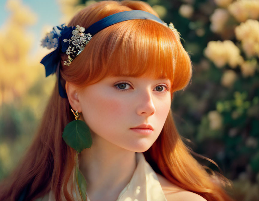 Young woman with vibrant red hair and blue headband in gentle gaze against floral backdrop